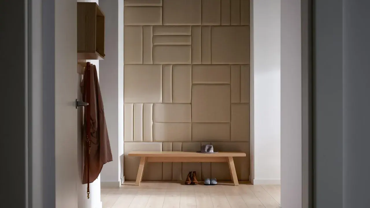 Nowoczesny przedpokój z tapicerowaną ścianą, ławką i wieszakiem. Świetny pomysł na ścianę w przedpokoju.