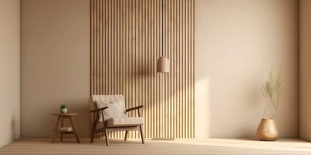 Drewniana ściana z pionowych lameli, fotel, stolik z rośliną i wazon. Inspiracja, jak samemu zrobić lamele.