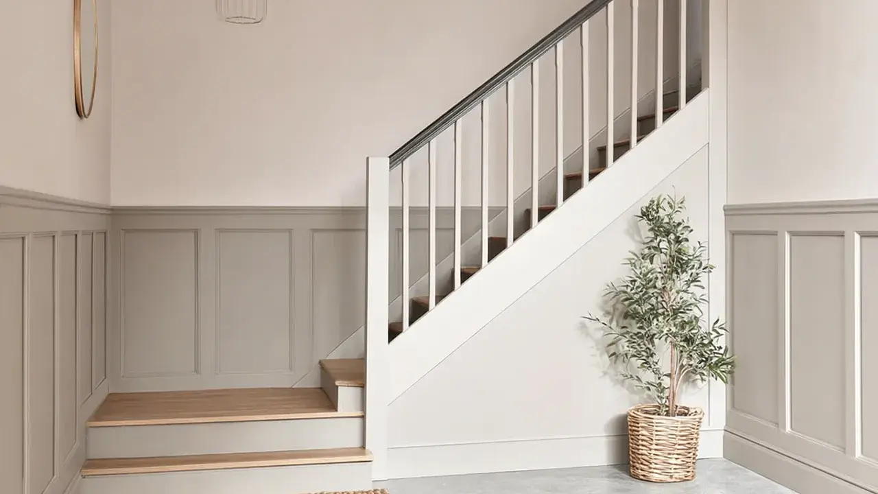 Elegancka boazeria angielska inspiracje: hol z jasną klatką schodową, drewnianymi stopniami i lustrem.