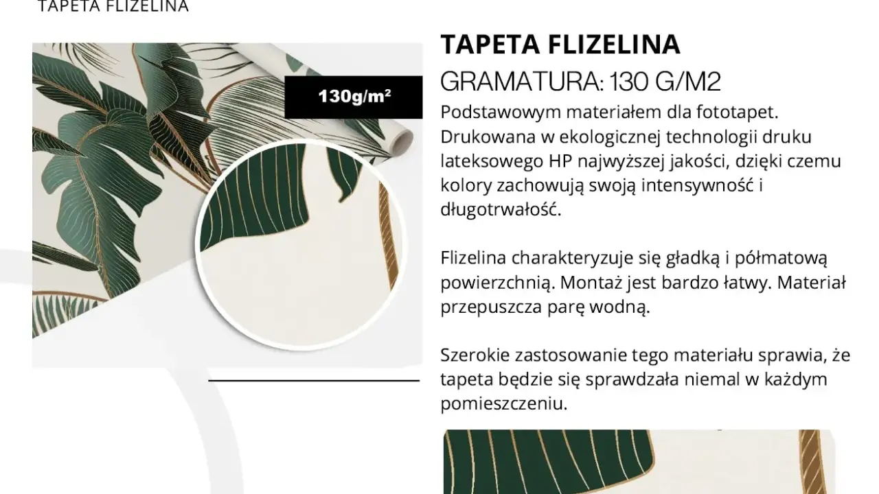 Tapeta flizelinowa z motywem liści monstery, gramatura 130g/m². To jeden z rodzajów tapet, idealny do każdego pomieszczenia.