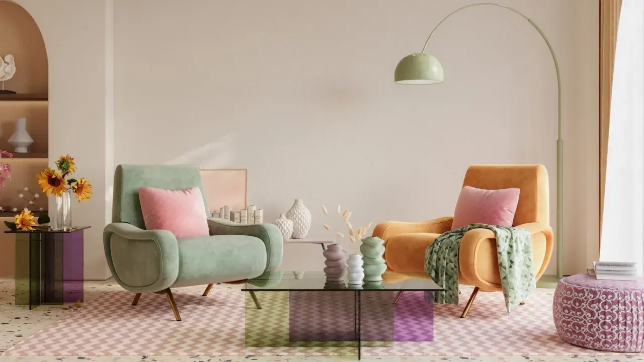 Przytulny salon z dwoma fotelami w pastelowe barwy, stolikiem kawowym i słonecznikami.