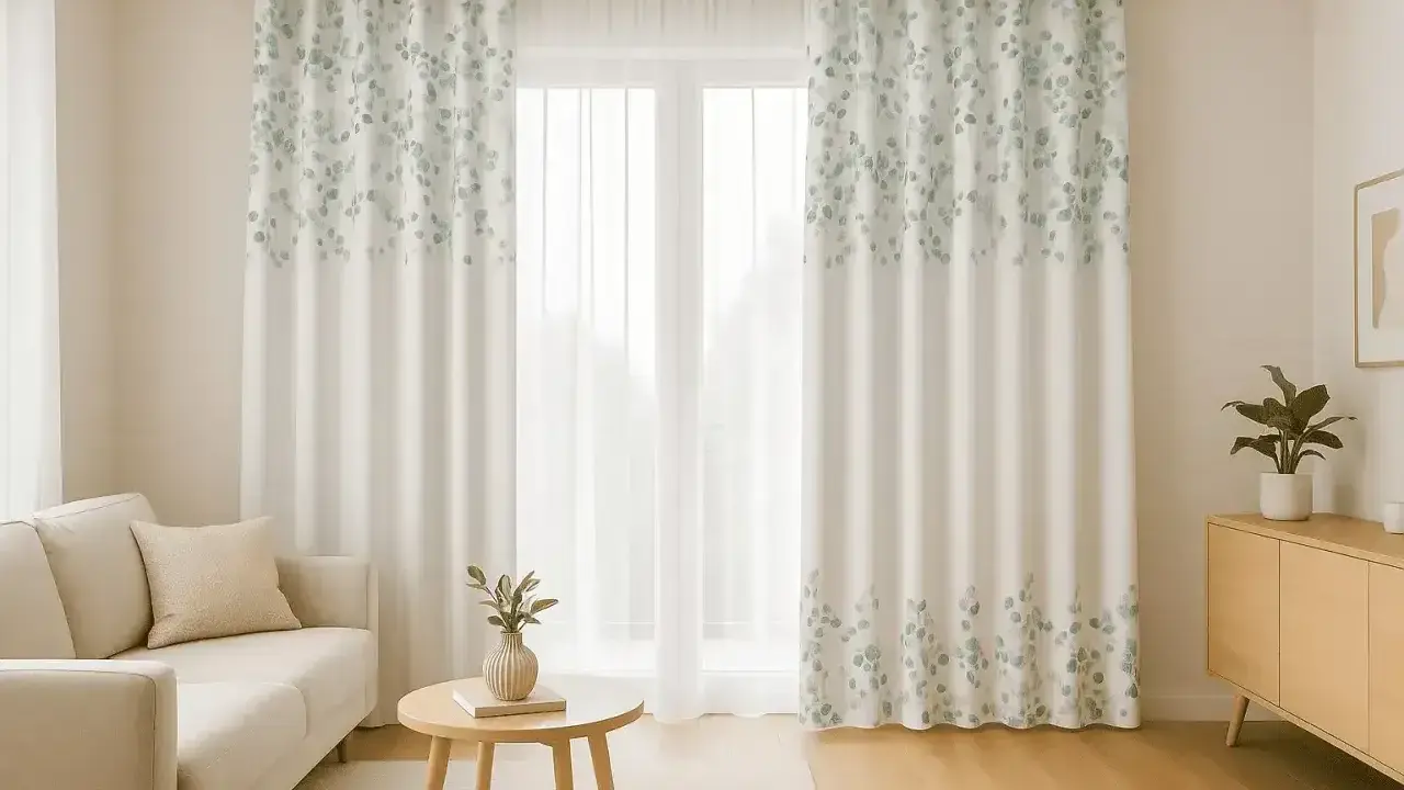 Jasne, oto propozycja:

Eleganckie zasłony na całą ścianę z subtelnym wzorem liści eukaliptusa dodają wnętrzu lekkości i naturalnego uroku.