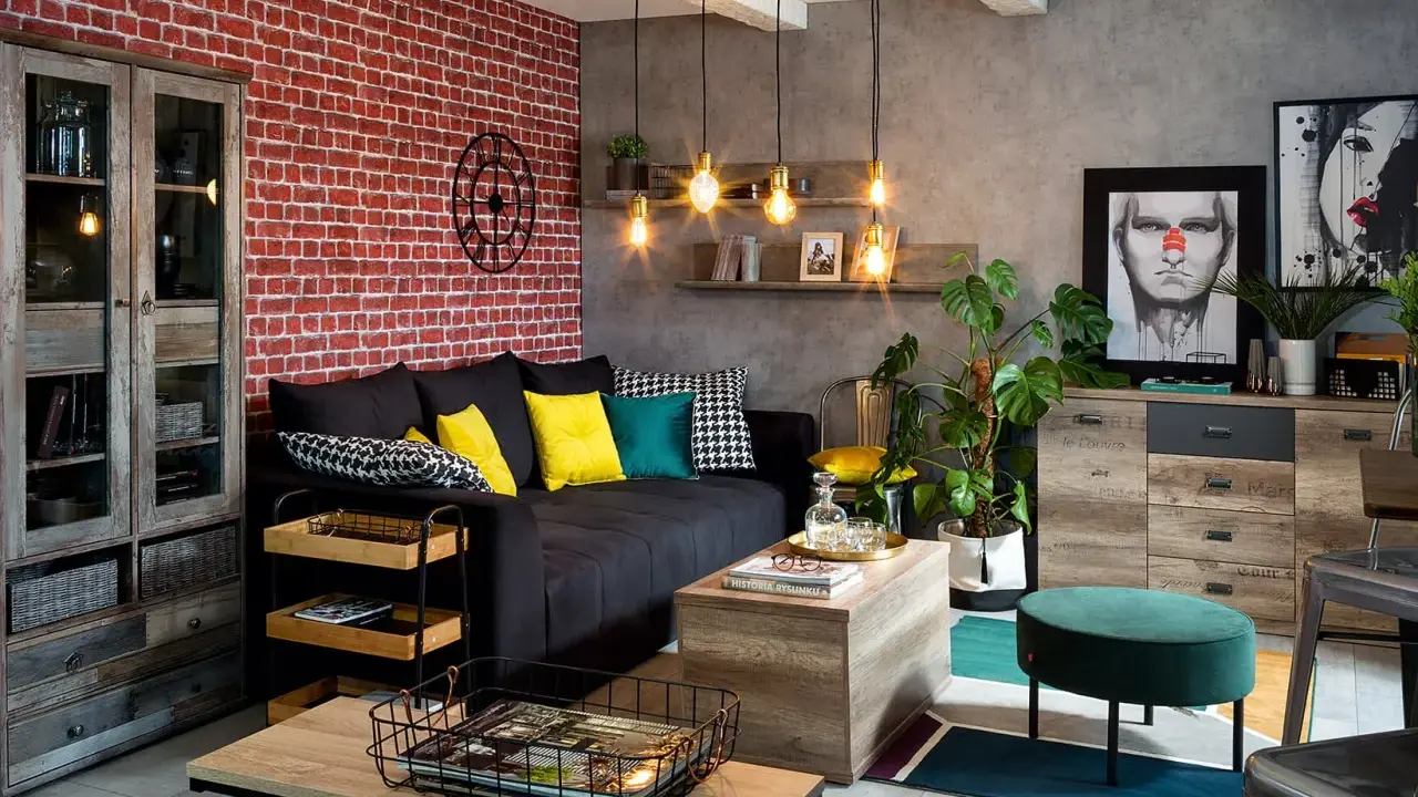Nowoczesny salon z ceglaną ścianą i industrialnymi dodatkami. Zobacz, jak udekorować ścianę, by nadać wnętrzu charakteru.