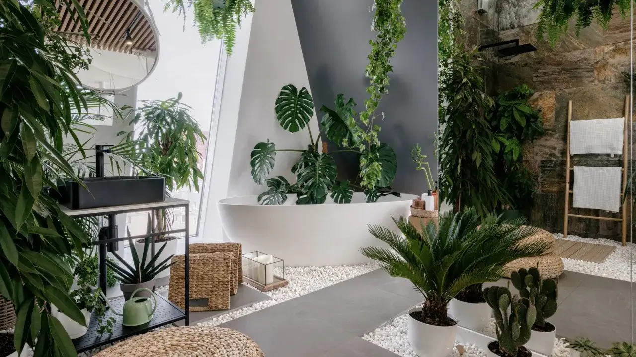 Łazienka w stylu biophilic design, pełna zieleni, z wanną, prysznicem i umywalką.