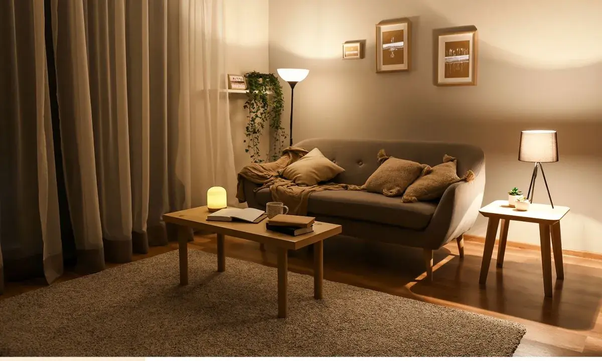 Przytulny salon z kanapą, stolikiem i dywanem. Dominują **ciepłe odcienie dębu**, tworząc relaksującą atmosferę.