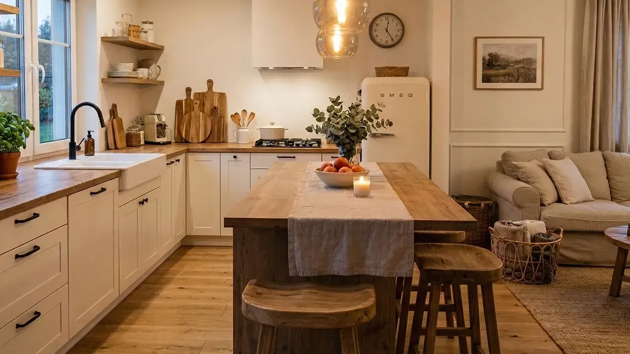 Przytulna kuchnia modern farmhouse z drewnianą wyspą, białymi meblami i ciepłym oświetleniem.