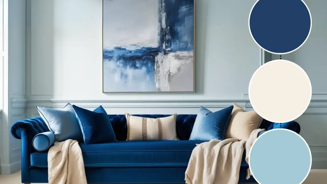 Elegancka sofa w odcieniach niebieskiego, ozdobiona poduszkami i narzutą. Obraz na ścianie dopełnia paletę barw.