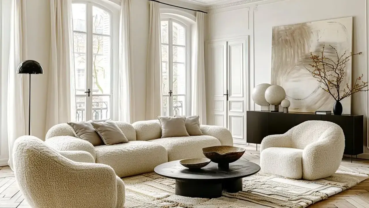 Przytulny, **modern classic salon** z puszystymi meblami, okrągłym stolikiem i sztuką abstrakcyjną.