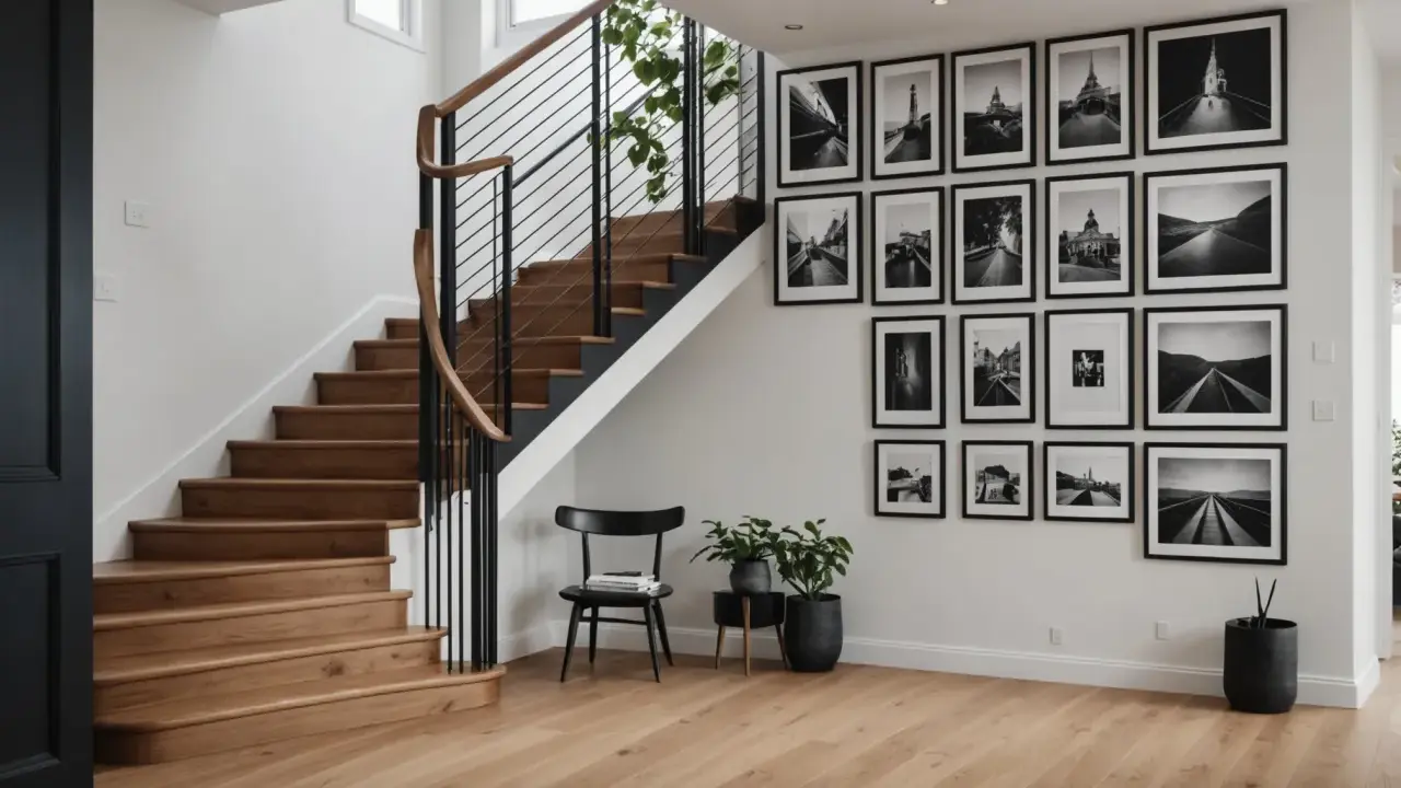 Nowoczesna ściana przy schodach inspiracje: galeria czarno-białych zdjęć architektonicznych i krajobrazowych, drewniane schody, czarne balustrady i krzesło.