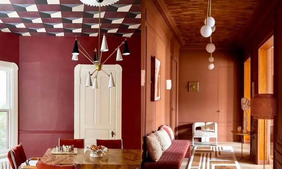 Ozdoba sufitu w jadalni z geometrycznym wzorem i nowoczesny żyrandol. Korytarz z drewnianym sufitem i minimalistycznymi lampami.
