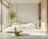 Sypialnia w stylu zen. Niskie łóżko, bambus w wazonie i drewniane meble tworzą oazę spokoju.