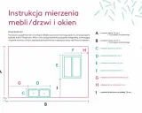 Instrukcja mierzenia mebli/drzwi i okien z oznaczeniami tapet. Schemat pokazuje jak mierzyć wymiary ścian, mebli i okien.
