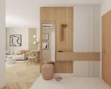 Przytulny korytarz boho z drewnianymi panelami, lustrem, siedziskiem i drzwiami.