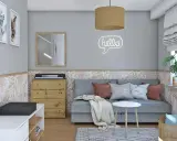 Przytulny pokój 5 latki z kanapą, pianinem i ozdobną tapetą. Neonowe "hello" dodaje uroku.