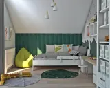 Pokój dziecka z zieloną ścianą, łóżkiem, pufą i zabawkami.