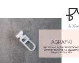 Biała agrafka do firan na szarym tle. Tekst: "AGRAFKI. Jak wpinać agrafki do taśmy? Sprytny pomysł na zasłony i firany w oknach.