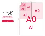 Schemat przedstawia rozmiary plakatów i papieru w formacie A, od A0 do A8, z wymiarami w milimetrach.