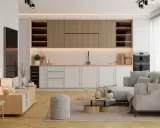 Jak urządzić salon 25m2: jasne meble, kuchnia otwarta na salon, wygodna sofa i stolik kawowy.