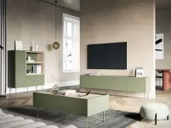 Nowoczesny salon z meblami w odcieniu oliwkowy kolor. Niska szafka RTV, stolik kawowy i regał tworzą spójną całość.
