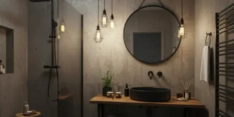 Nowoczesna łazienka industrialna aranżacje: beton, drewno, czarna armatura i wiszące lampy tworzą surowy, ale przytulny klimat.