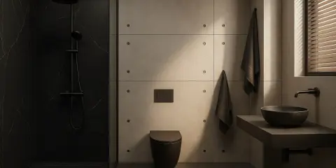 Nowoczesna łazienka z prysznicem i czarną ścianą w tle. Betonowe panele, czarna toaleta i umywalka tworzą minimalistyczny design.