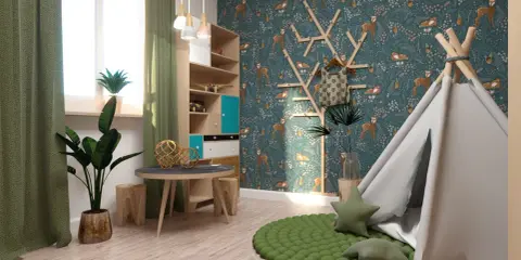 Pokój dziecka z motywem lasu: tapeta z sarenkami, tipi, regał i zielony dywanik.