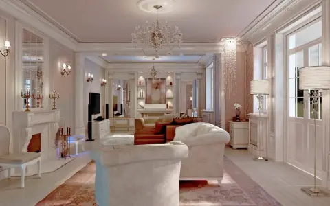 Elegancki salon w stylu francuskim, pełen blasku kryształowych żyrandoli i pastelowych barw. Inspiracje dla wytwornego wnętrza.
