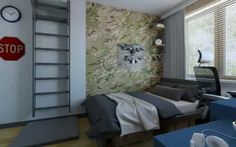Pokój młodzieżowy z tapetą moro, łóżkiem, biurkiem i dekoracjami w stylu militarnym.