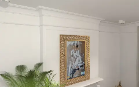 Eleganckie wnętrze z obrazem w złotej ramie i stylowym **klejeniem sztukaterii** na ścianie.