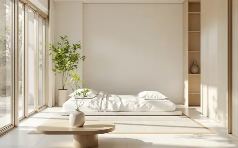 Sypialnia w stylu zen. Niskie łóżko, bambus w wazonie i drewniane meble tworzą oazę spokoju.