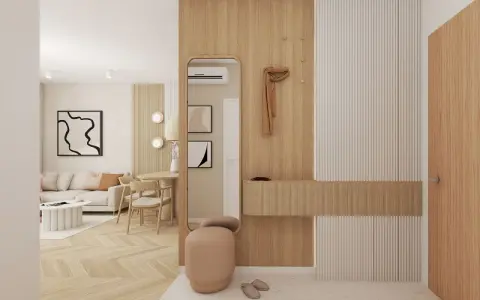 Przytulny korytarz boho z drewnianymi panelami, lustrem, siedziskiem i drzwiami.