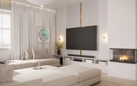 Nowoczesna aranżacja ściany w salonie z telewizorem, kominkiem i wygodną kanapą.