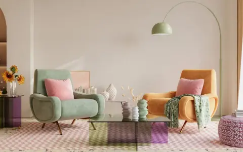 Przytulny salon z dwoma fotelami w pastelowe barwy, stolikiem kawowym i słonecznikami.
