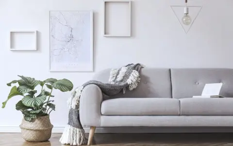 Przytulny salon z szarą kanapą, ozdobioną narzutą. Na ścianie mapa Sydney i geometryczna lampa.