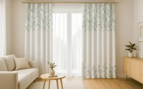 Jasne, oto propozycja:

Eleganckie zasłony na całą ścianę z subtelnym wzorem liści eukaliptusa dodają wnętrzu lekkości i naturalnego uroku.