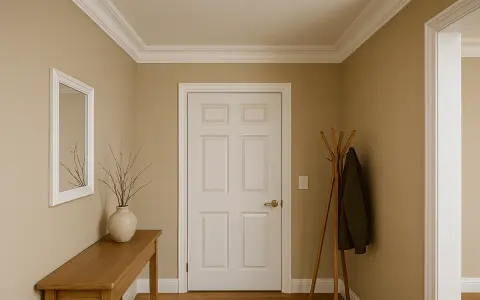 Elegancka sztukateria w przedpokoju podkreśla klasyczny styl. Widoczny biały drzwi, drewniany stolik z wazonem i wieszak na ubrania.