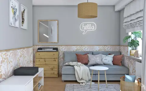 Przytulny pokój 5 latki z kanapą, pianinem i ozdobną tapetą. Neonowe "hello" dodaje uroku.