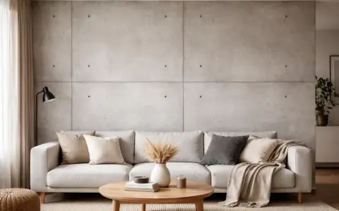 Nowoczesny salon z sofą i stolikiem kawowym na tle ściany z paneli imitujących tapetę jasny beton.