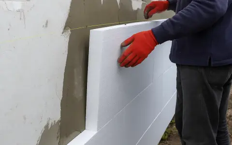 Pracownik w czerwonych rękawicach układa płyty styropianowe, rozpoczynając naprawę elewacji styropianowej.