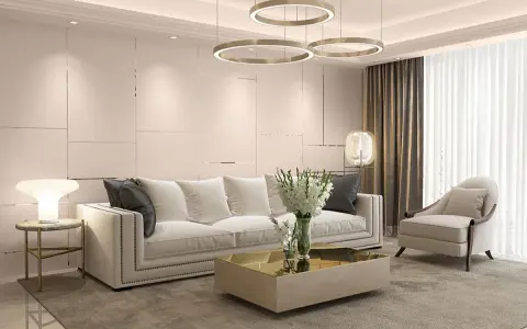 Elegancki art deco salon z białą sofą, złotym stolikiem kawowym i designerskimi lampami.