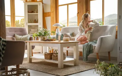 Przytulny salon w wiejskim stylu z kobietą pijącą kawę i podziwiającą widok.