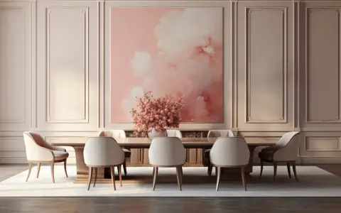 Elegancka jadalnia z subtelną sztukaterią i tapetą w pastelowych kolorach. W centrum stół z krzesłami, nad nim obraz z różowymi chmurami.