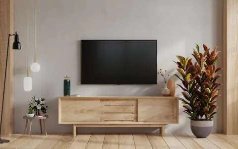Nowoczesne aranżacje salonu z telewizorem na ścianie. Drewniana szafka RTV, lampa podłogowa i ozdobna roślina tworzą przytulną atmosferę.