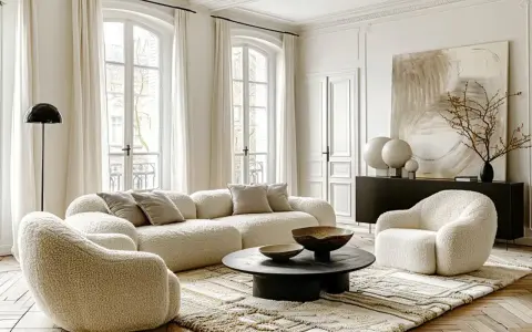 Przytulny, **modern classic salon** z puszystymi meblami, okrągłym stolikiem i sztuką abstrakcyjną.