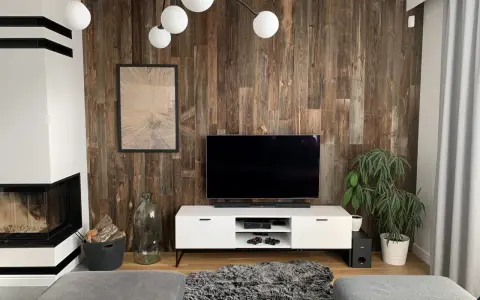 Nowoczesny salon z kominkiem i telewizorem na tle ściany z desek. Tapeta stare deski nadaje wnętrzu rustykalny charakter.