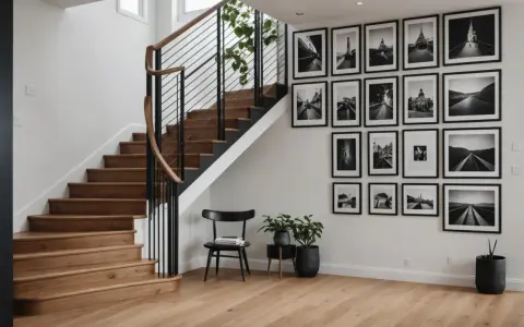 Nowoczesna ściana przy schodach inspiracje: galeria czarno-białych zdjęć architektonicznych i krajobrazowych, drewniane schody, czarne balustrady i krzesło.