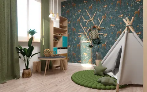 Pokój dziecka z motywem lasu: tapeta z sarenkami, tipi, regał i zielony dywanik.