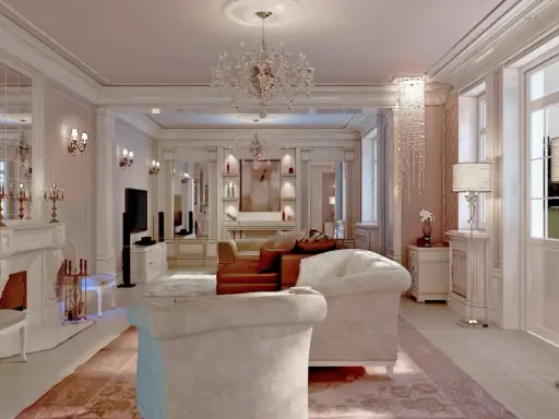 Elegancki salon w stylu francuskim, pełen blasku kryształowych żyrandoli i pastelowych barw. Inspiracje dla wytwornego wnętrza.
