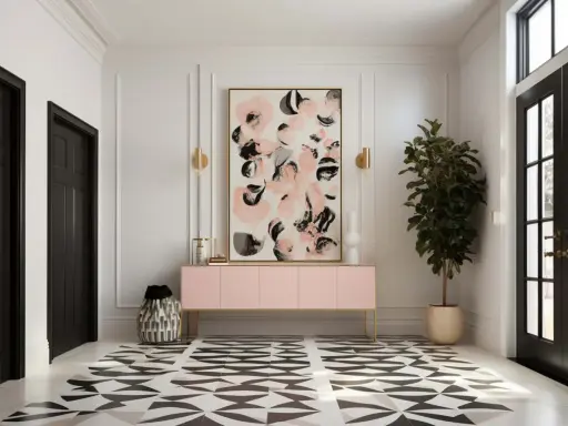 Elegancki hol z czarnymi drzwiami, geometryczną podłogą i abstrakcyjnym obrazem w sztukaterii. Różowa komoda i roślina dodają koloru.