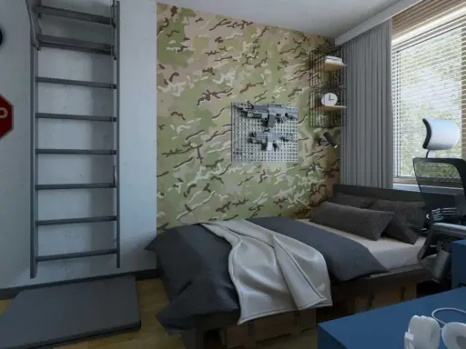 Pokój młodzieżowy z tapetą moro, łóżkiem, biurkiem i dekoracjami w stylu militarnym.